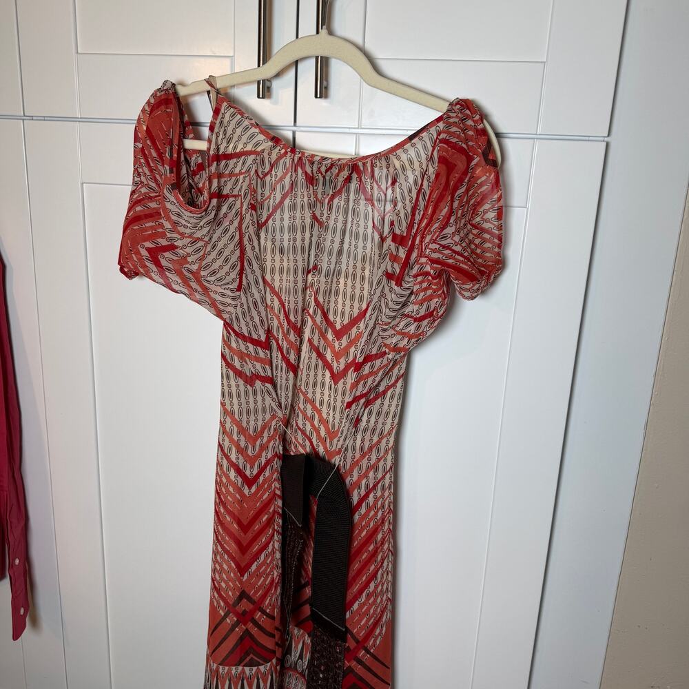 Sky Geometric Cold Shoulder Dress Medium Boho Belted Coral Brown